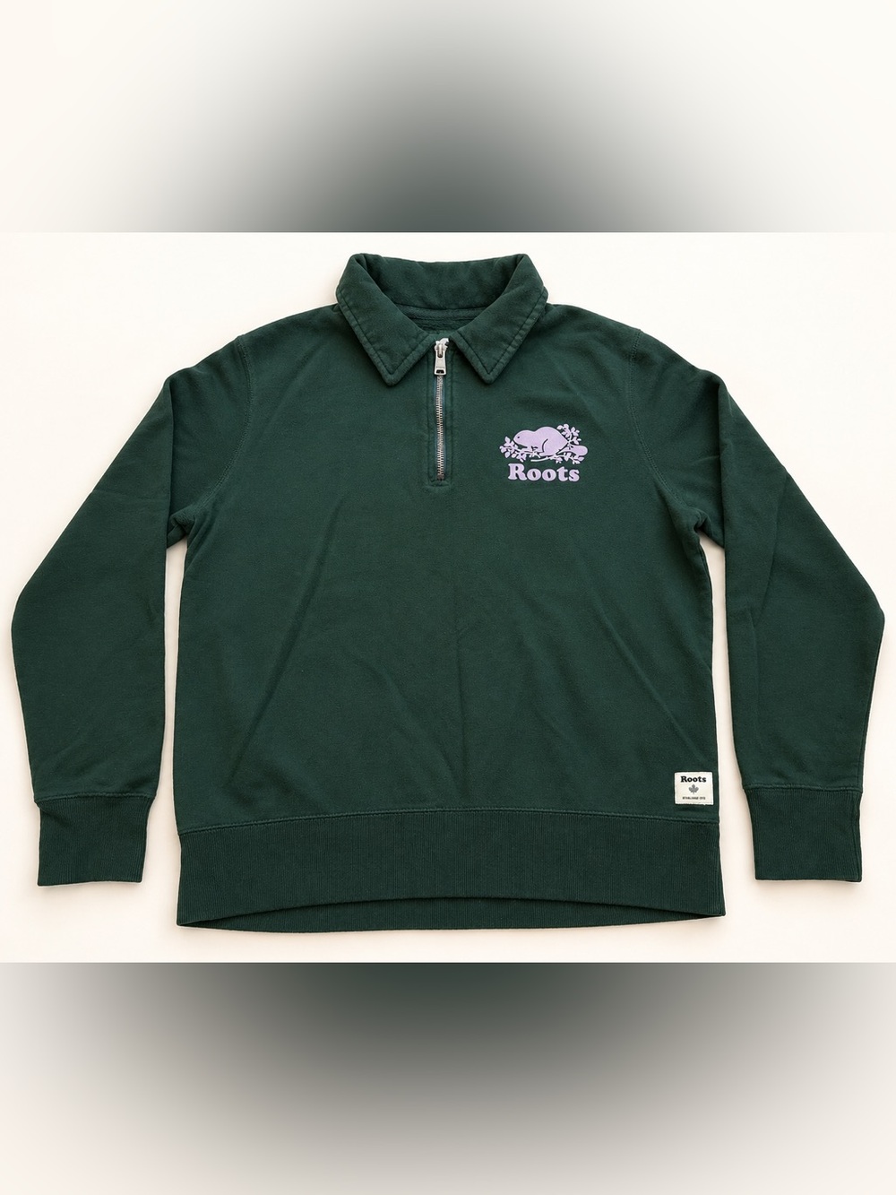 Roots Forest Green Quarter Zip Collared Sweatshirt Lavender Logo Size L